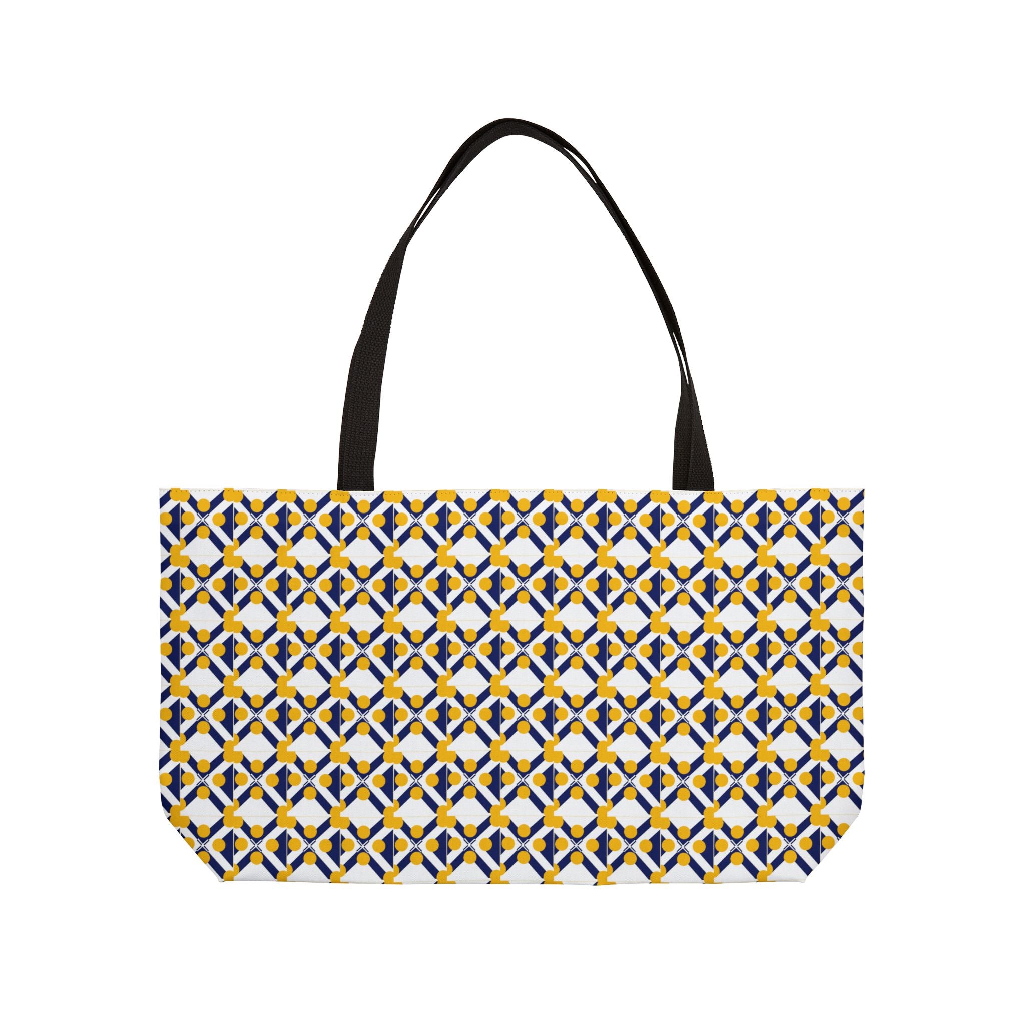 Geometric Tile Weekender Tote — Blue & Mustard Patterned Travel Bag