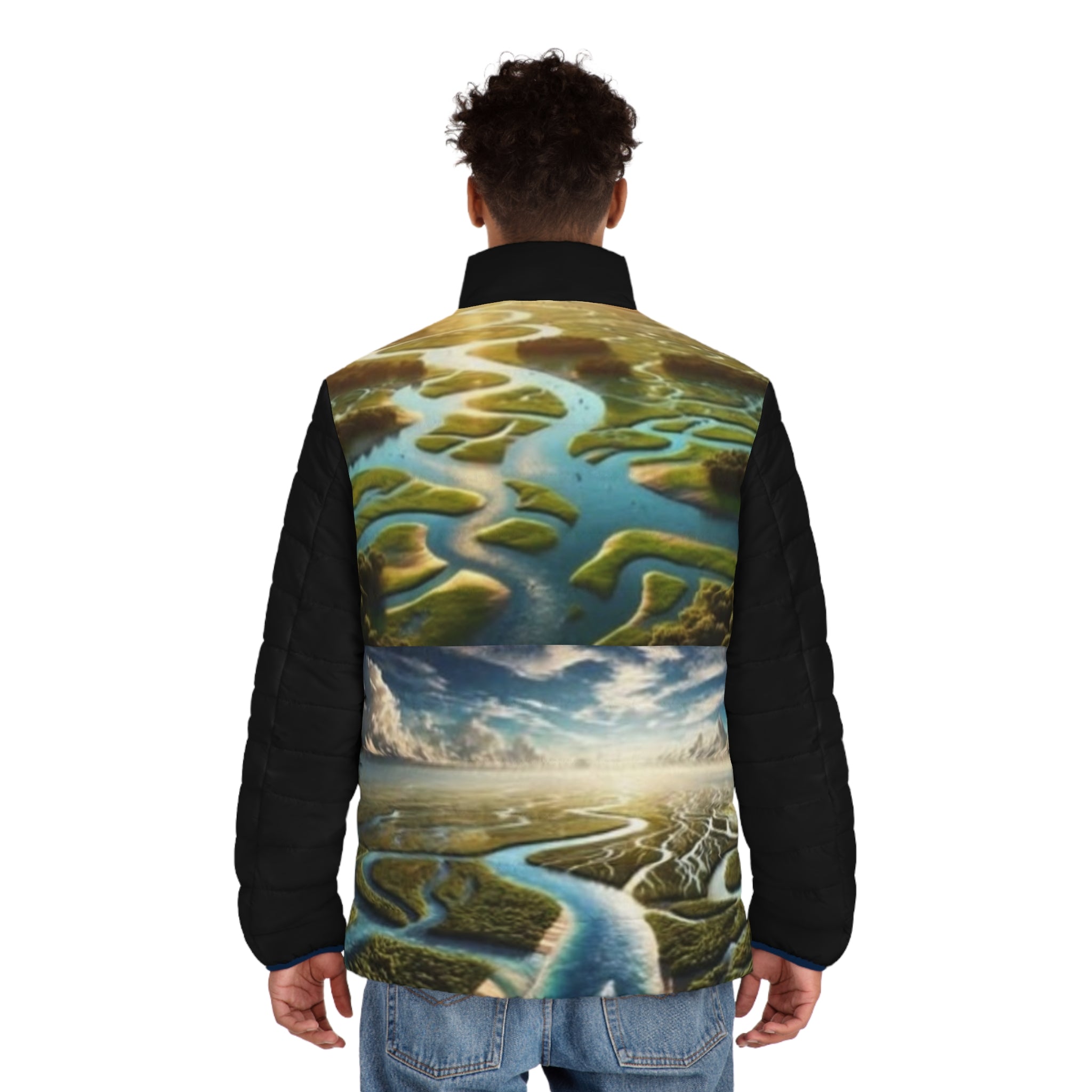 XT River Delta river Puffer Jacket — Scenic Aerial Landscape All-Over