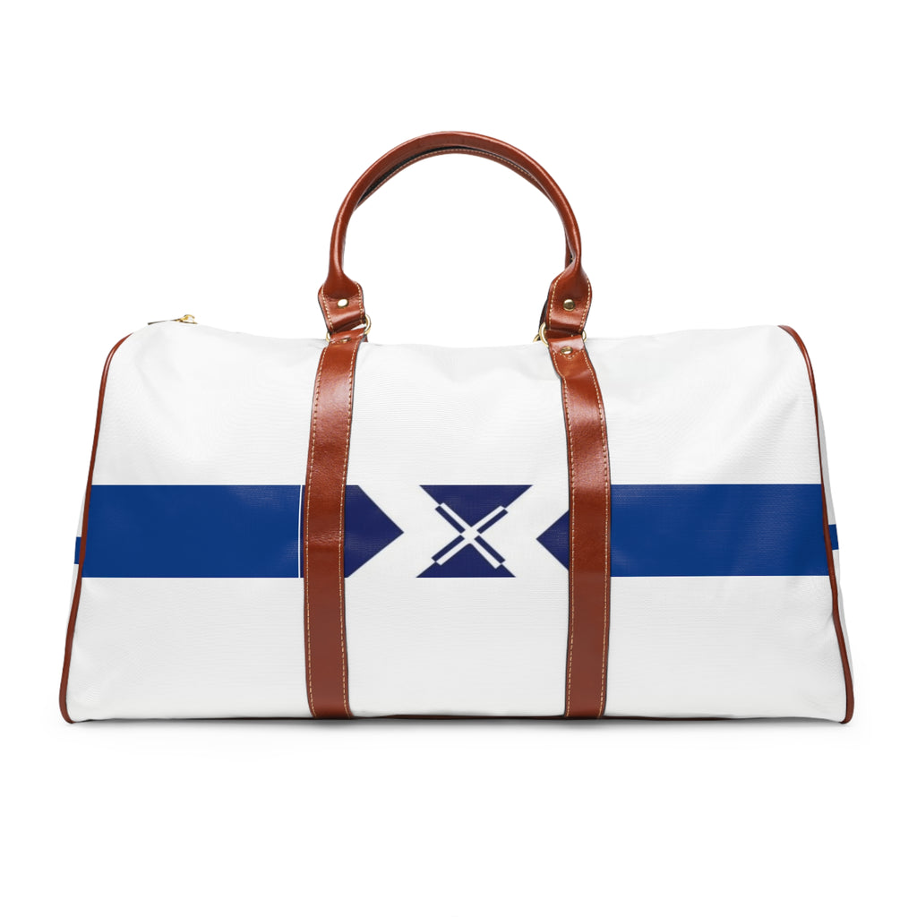 Waterproof Travel Bag — Nautical Blue Stripe Duffle with X Emblem