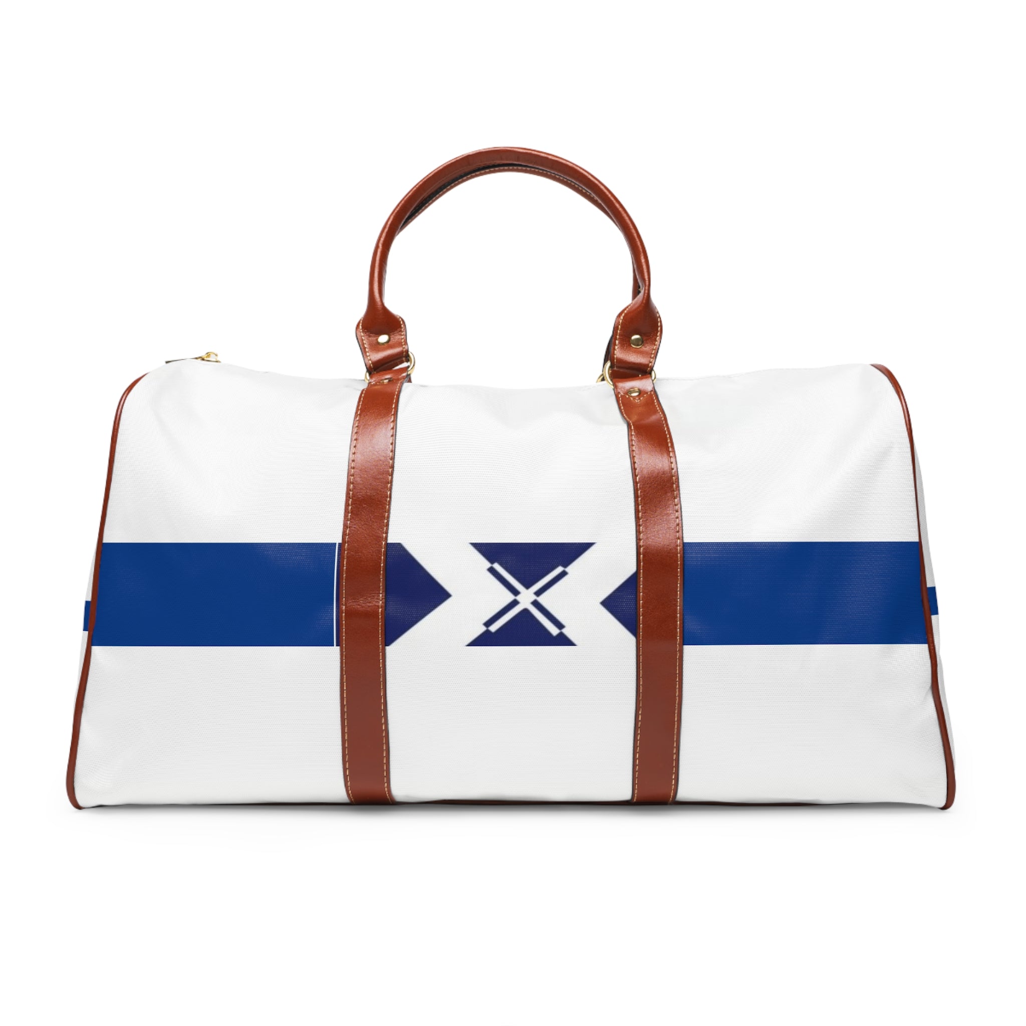 Waterproof Travel Bag — Nautical Blue Stripe Duffle with X Emblem