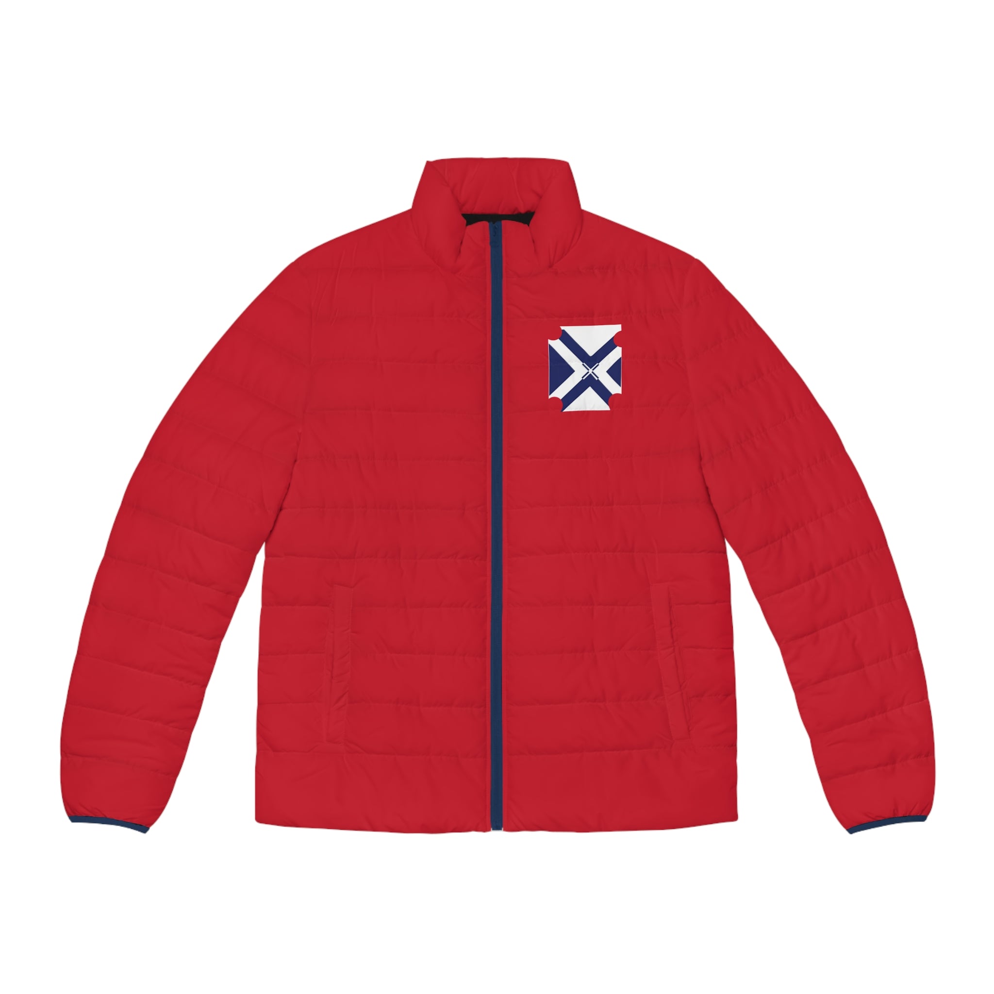 XT7 Men's Red Puffer Jacket with Navy Cross Patch - Insulated Outdoor Coat