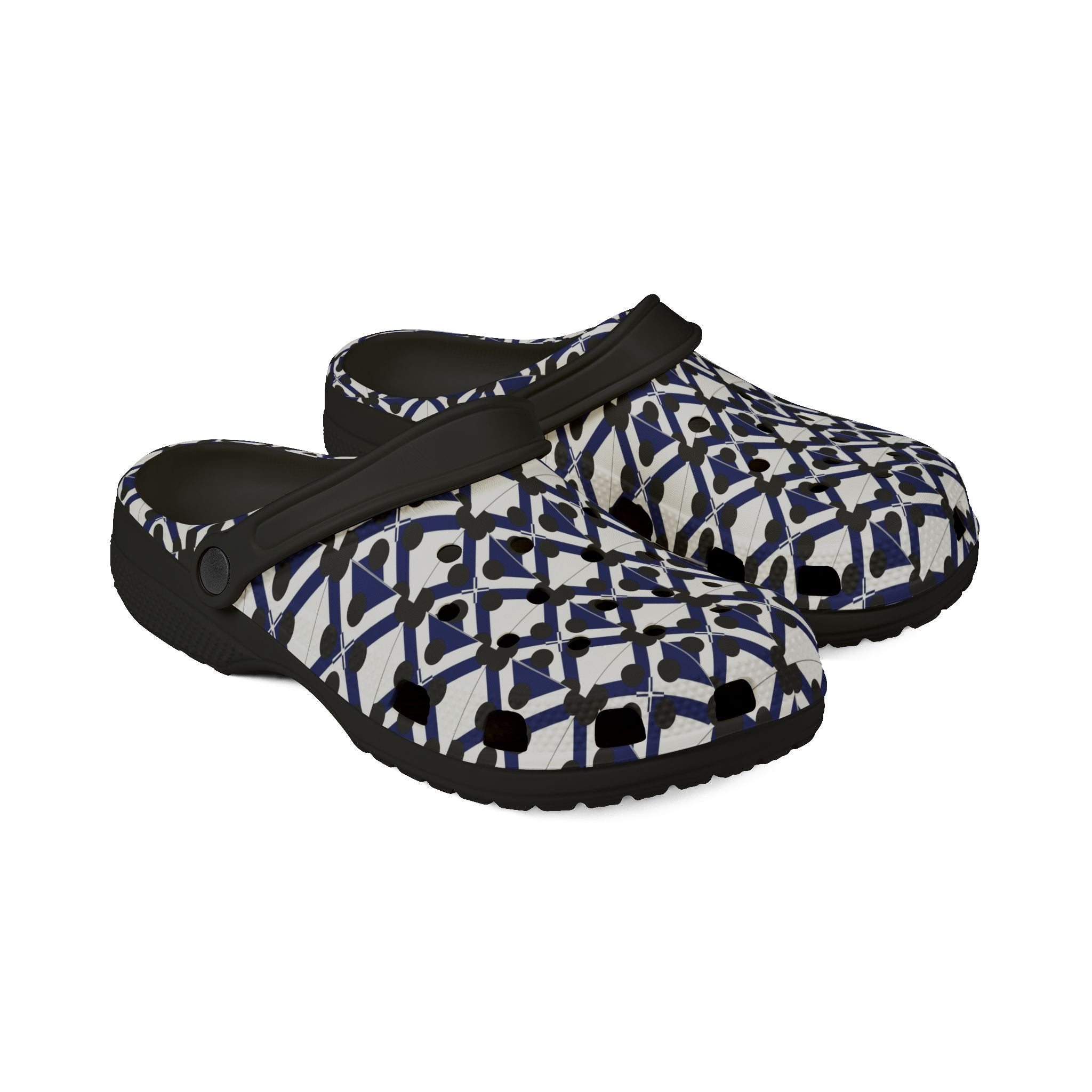 Patterned EVA Foam Clogs — Navy Geometric All-Over Print