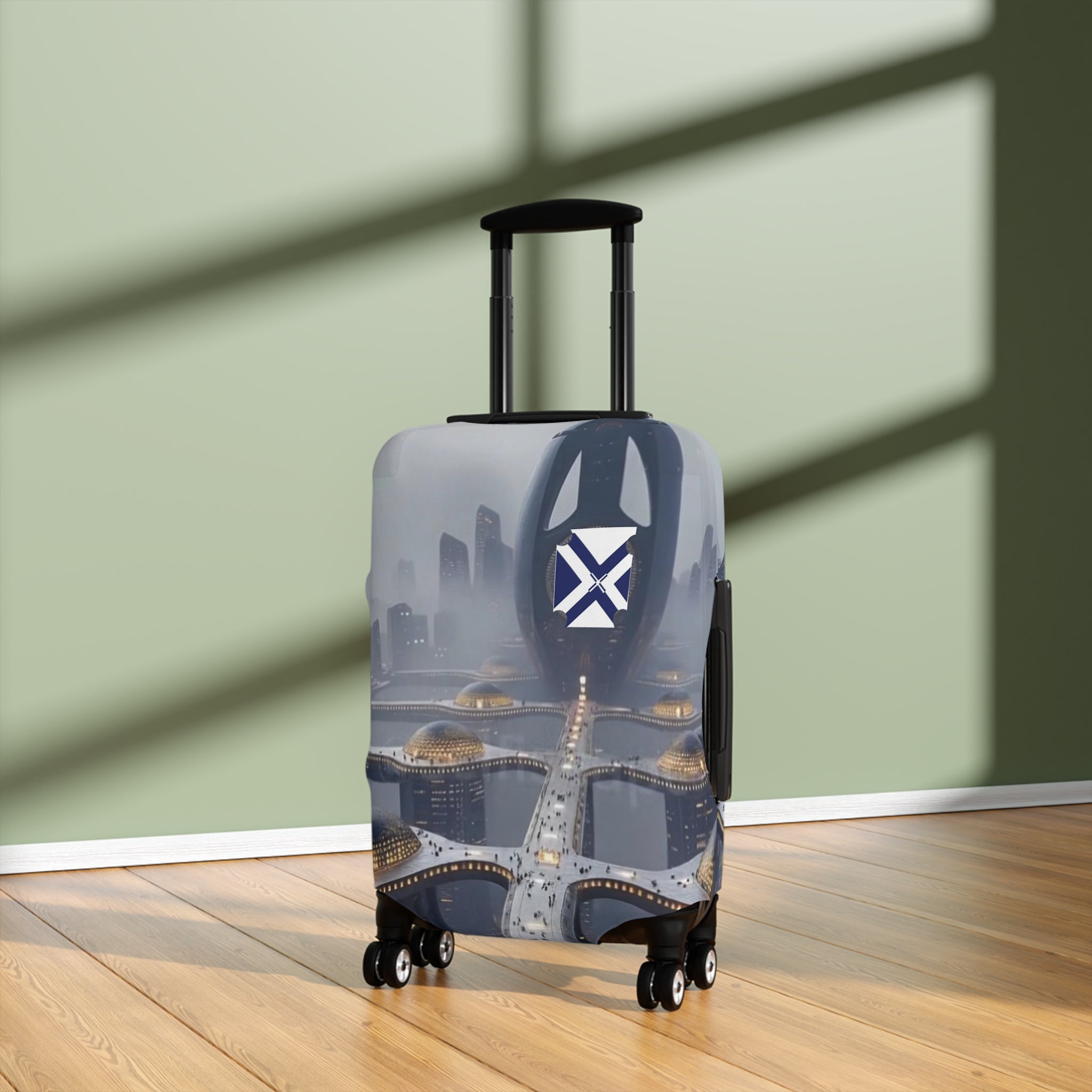 Cityscape Luggage Cover — Futuristic Night Skyline Travel Protector