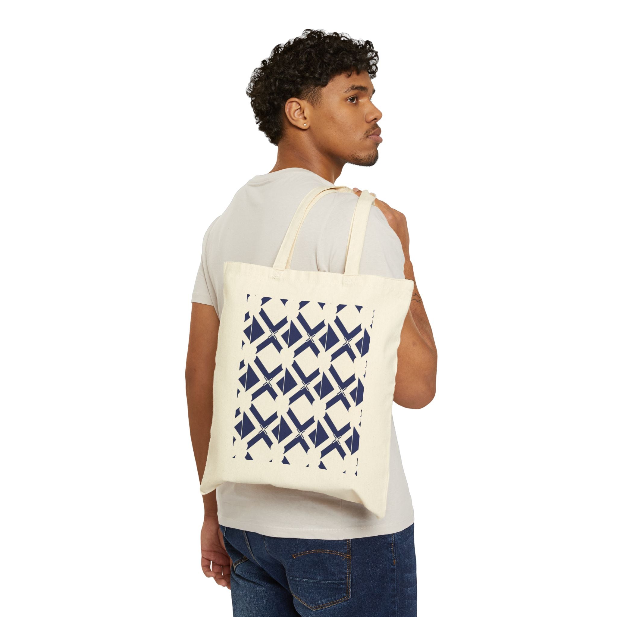 Geometric Navy Pattern Tote Bag — Canvas Grocery & Market Tote