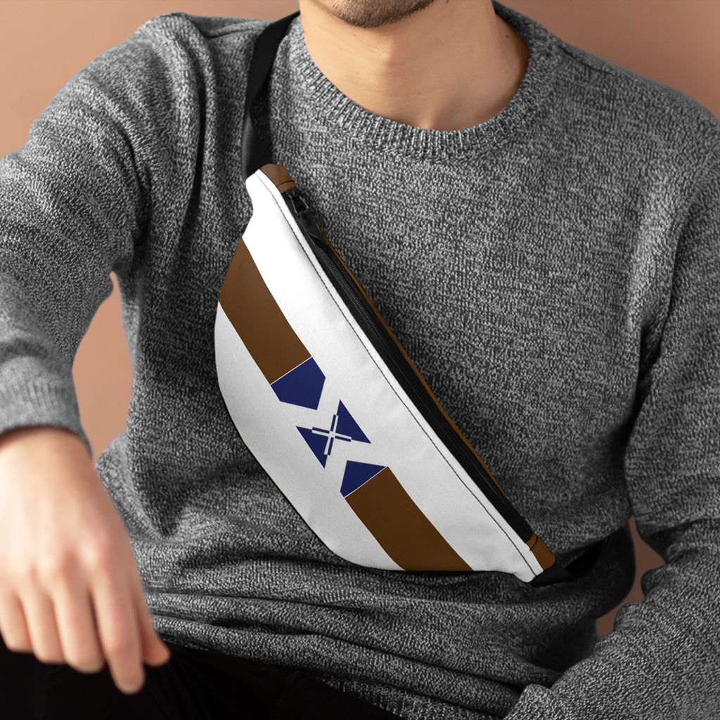 White & Brown Geometric Fanny Pack with Blue Accent — Minimalist Travel Belt Bag
