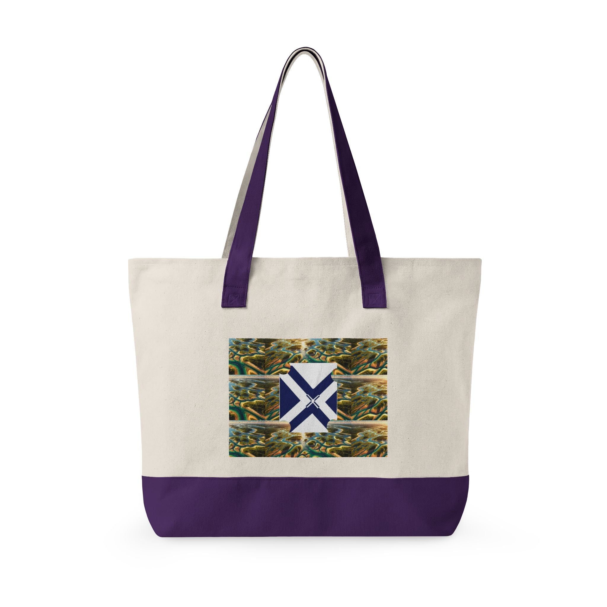 Canvas Tote Bag — Rustic Pine Forest Patch with Navy Saltire