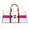 Waterproof Travel Bag — White Weekend Duffel with Magenta Stripe & Navy X Accent