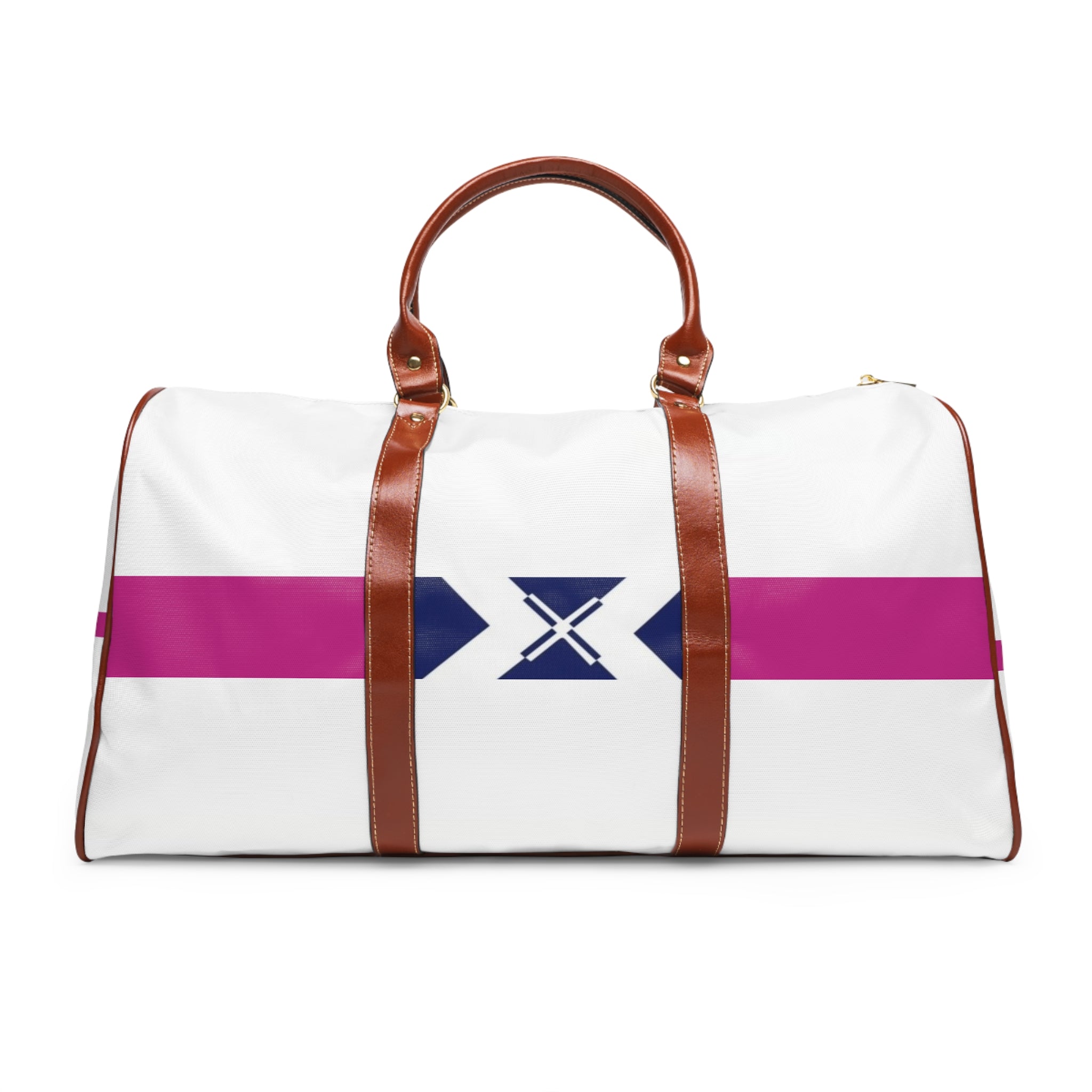 Waterproof Travel Bag — White Weekend Duffel with Magenta Stripe & Navy X Accent