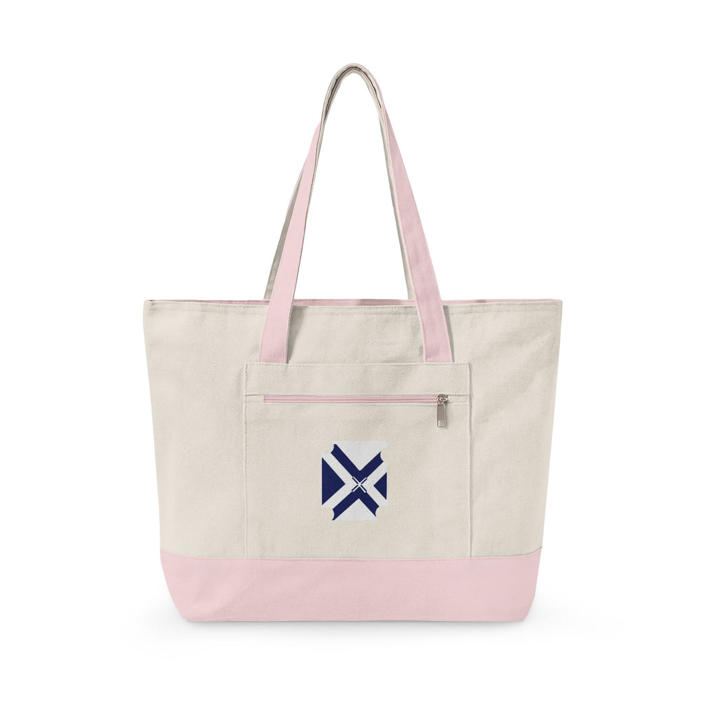 Canvas Tote Bag with Navy Geometric Cross Embroidery — Zippered Everyday Carry