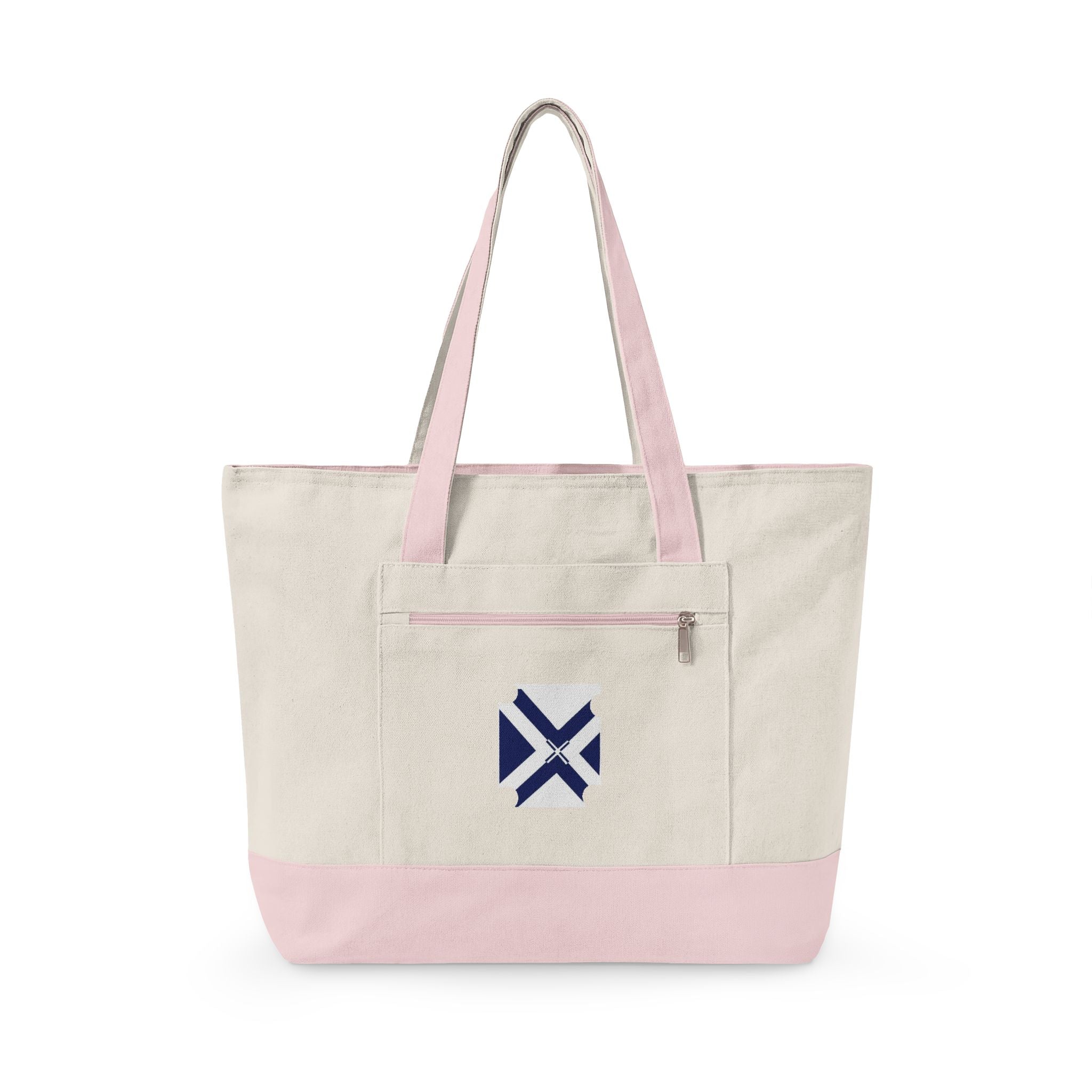 Canvas Tote Bag with Navy Geometric Cross Embroidery — Zippered Everyday Carry