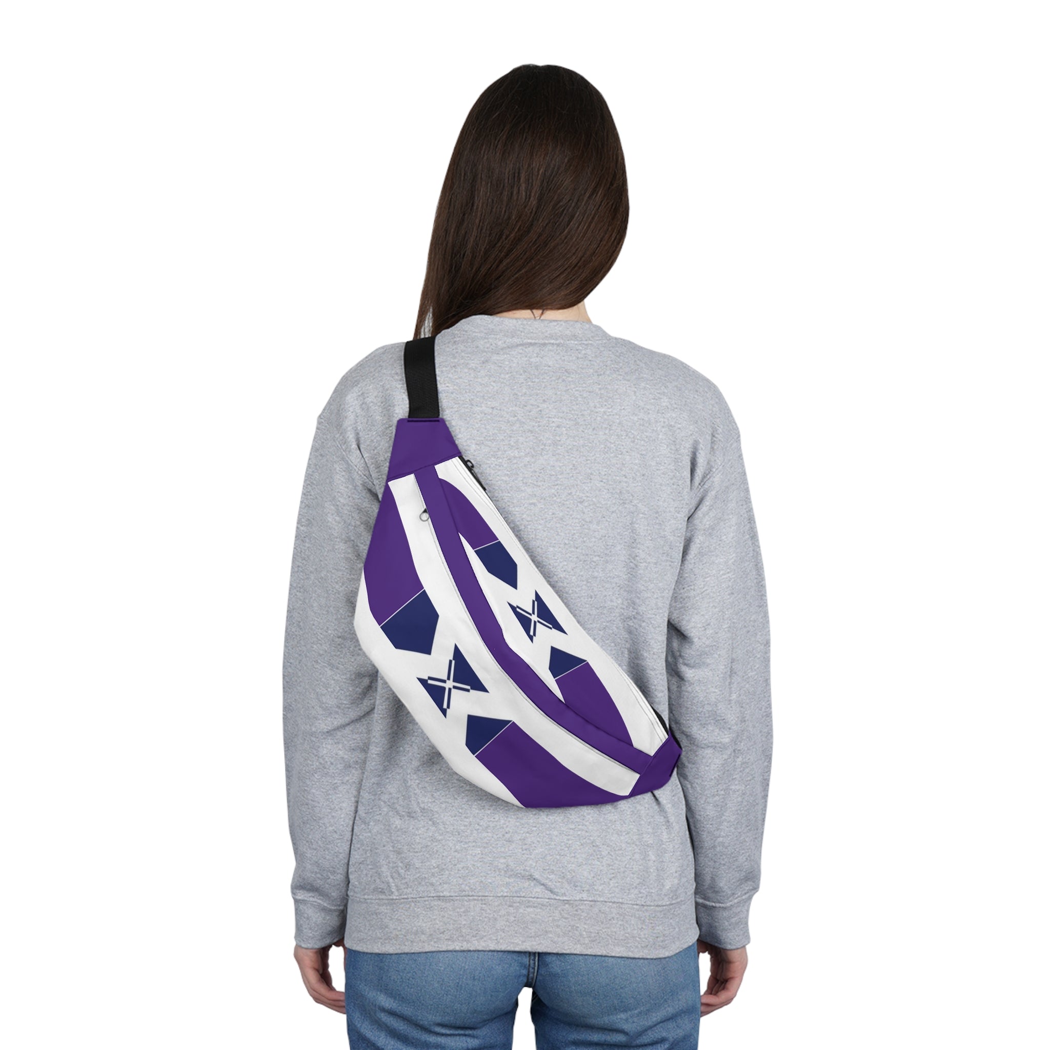 Purple Geometric Stripe Fanny Pack — Large Waist Bag with X Accent