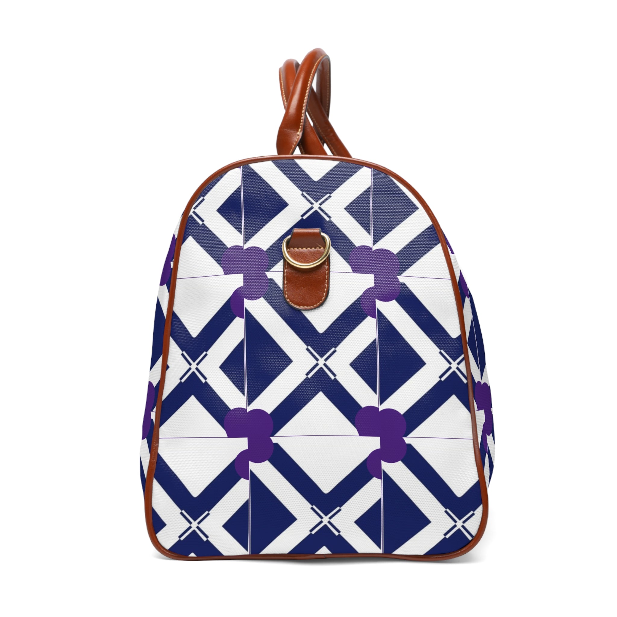 Waterproof Geo-Print Weekender Bag — Navy & Purple Travel Duffle