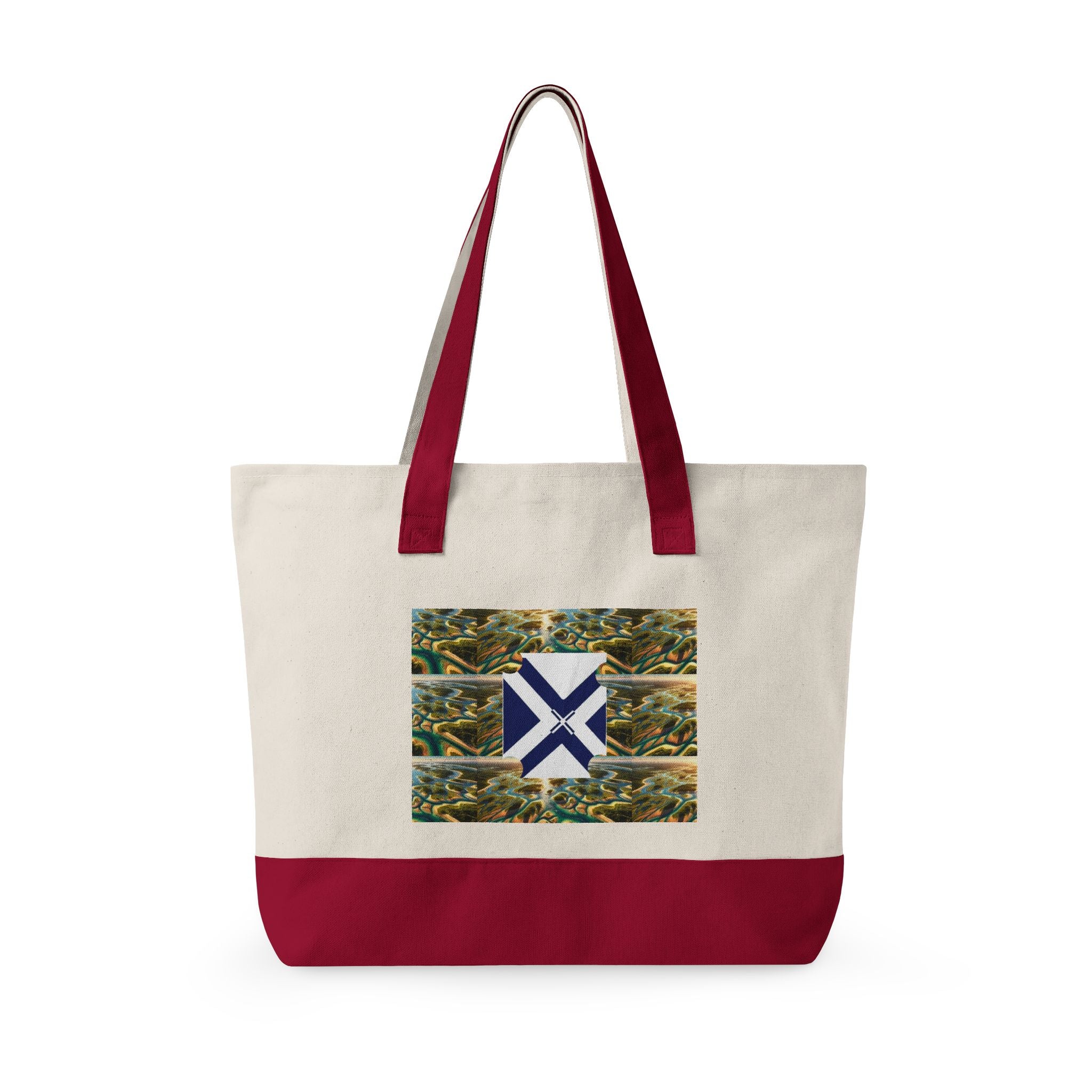 Canvas Tote Bag — Rustic Pine Forest Patch with Navy Saltire