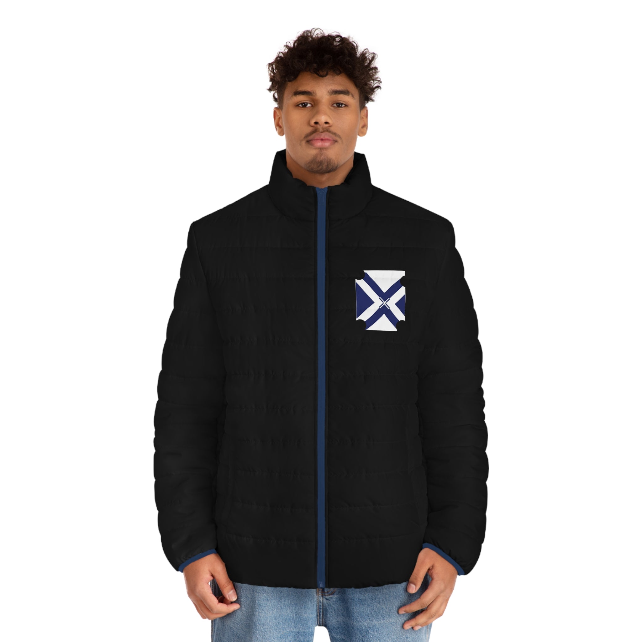 Men's Black Puffer Jacket with Blue Trim & Geometric Patch