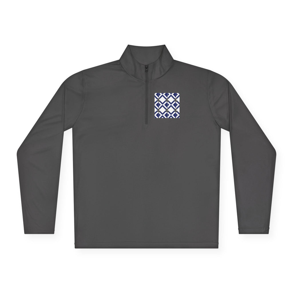 Quarter-Zip Pullover — Navy Geometric Tile Chest Graphic