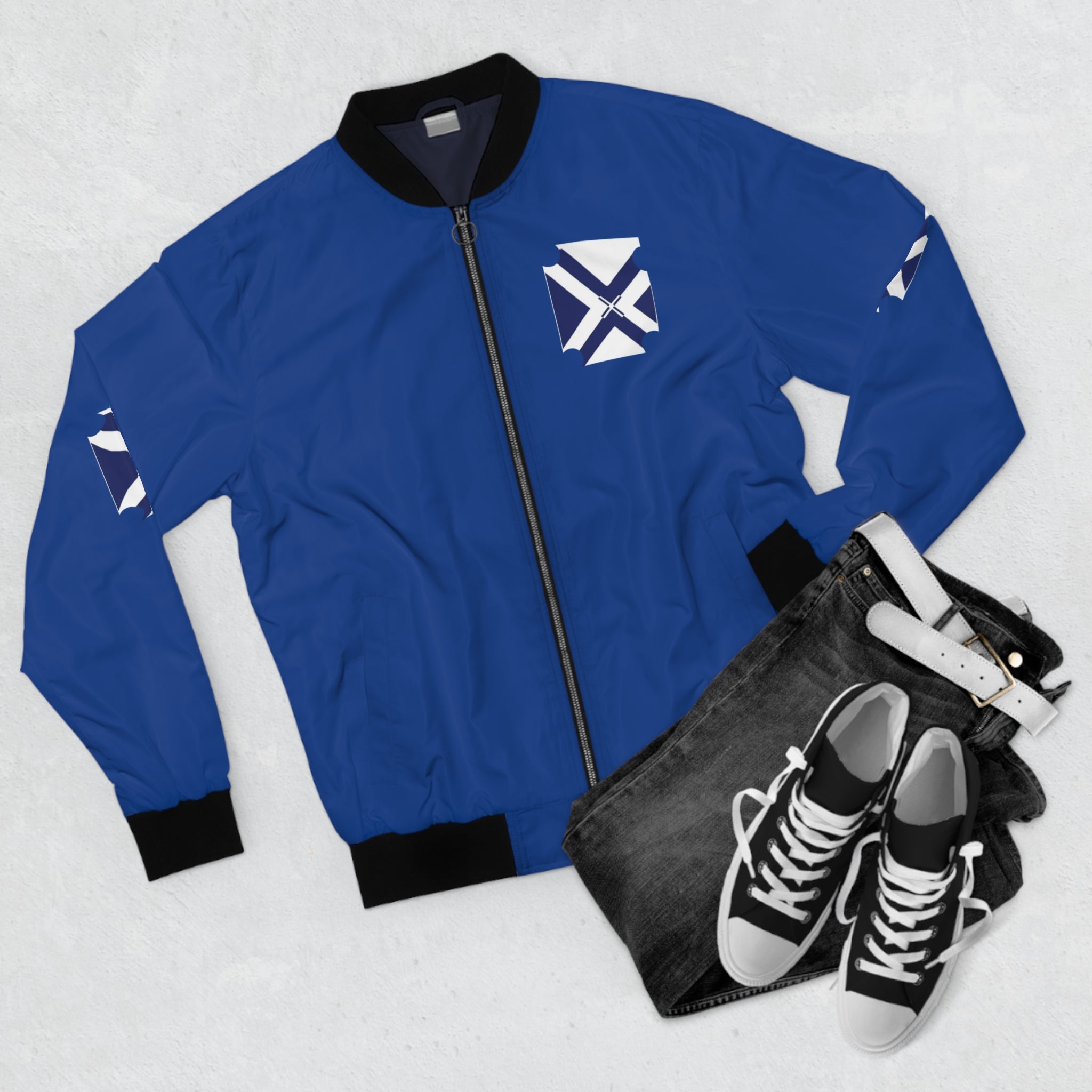 Xponet Blue Geometric Crest Bomber Jacket