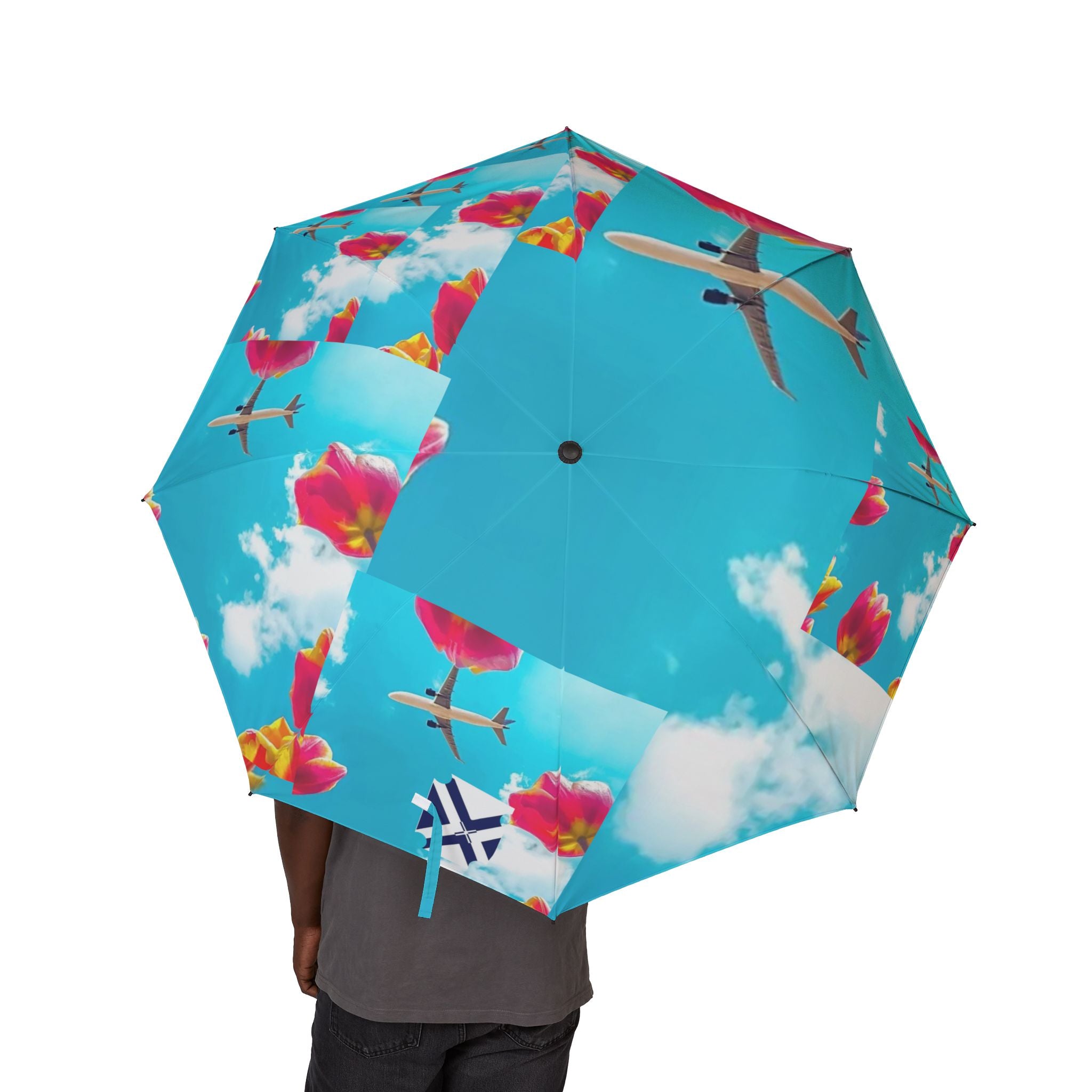 Travel-Print Foldable Umbrella — Blue Sky, Planes & Tulips Semi-Automatic Umbrella