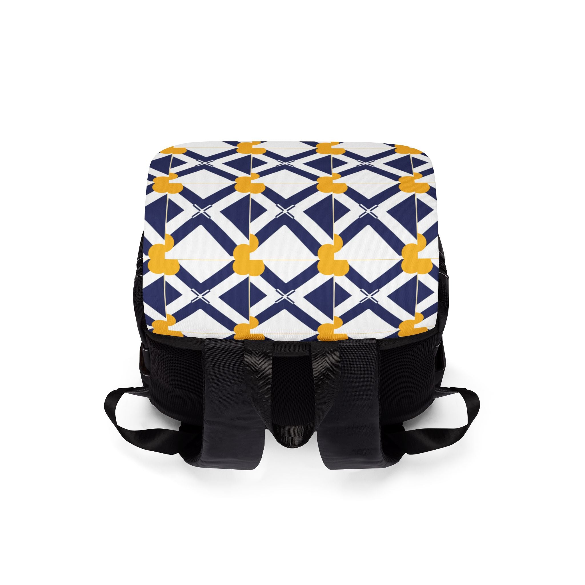Navy & Yellow Geometric Pattern Backpack — Casual Shoulder Backpack