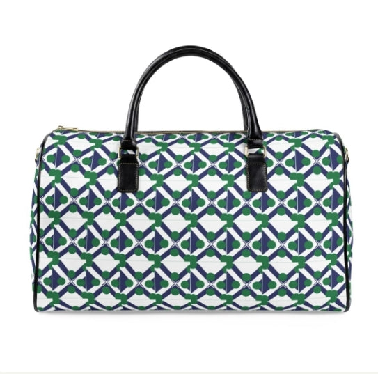 Geometric Navy & Green Leather Travel Bag — Patterned Weekender Duffle