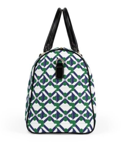 Geometric Navy & Green Leather Travel Bag — Patterned Weekender Duffle