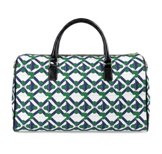 Geometric Navy & Green Leather Travel Bag — Patterned Weekender Duffle