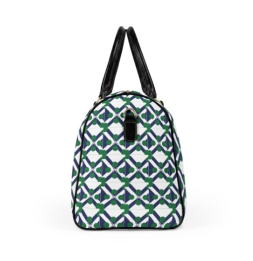 Geometric Navy & Green Leather Travel Bag — Patterned Weekender Duffle